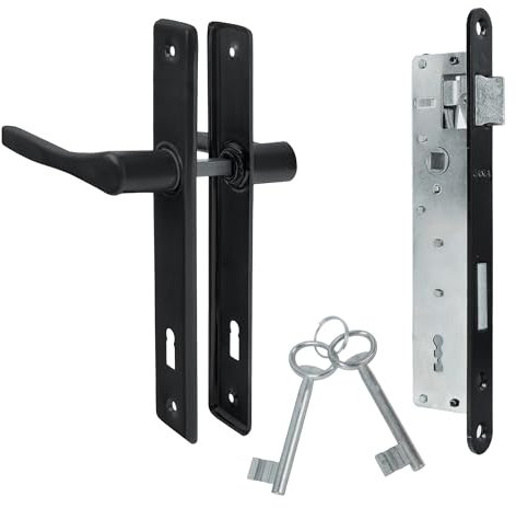 ADGO Tirador de puerta y cerradura con llave, color negro, juego de manilla de puerta de garaje, 90 mm, cerradura de 90/22 mm, kit listo para instalar