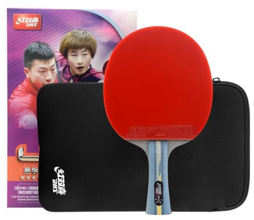 Ppbigu Double Happiness Tischtennisschläger 4 Sterne R4002C/4006C, DHS 7-lagiges Carbonblatt Pingpong Paddel mit roten und schwarzen Noppen in Gummi mit gratis Ppbigu Gummi-Schutzfolien (R4002C-Long)