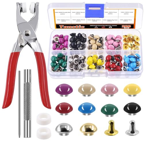 Tanstic Lot de 405 rivets tubulaires en métal avec double capuchon rond de 9 mm, 10 couleurs, rivets tubulaires en métal avec outils de fixation pour loisirs créatifs, vêtements, sacs, ceintures,