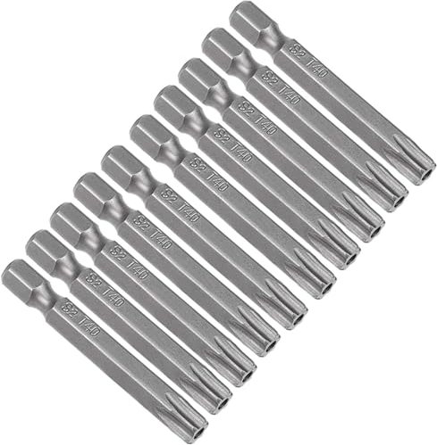 XMHF Juego de 10 puntas de destornillador magnético de cabeza Torx T40 de 50 mm de largo, vástago hexagonal de 1/4 de pulgada de largo, juego de destornilladores de seguridad a prueba de