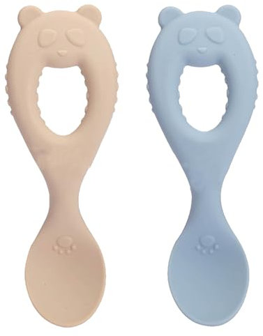 2 Pièces Cuillere Bebe Apprentissage, Cuillères En Silicone Auto-Alimentaires pour Bébé, Ustensiles de Sevrage pour Tout-Petits, pour le Sevrage et le Baby-Led Weaning(Bleu, Beige)