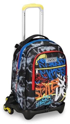 Seven Trolley Scuola Jack 3 Ruote, Nero Giallo, Mark On Boy, 3 in 1, Triplo Uso, Zaino Con Carrello Sganciabile, Tasca Porta Borraccia e Crossover System, Zaino Scuola Viaggio, Bambino Ragazzo