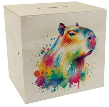 Capybara Aquarell Spardose aus Holz Capybara Aquarell Spardose aus Holz Bunte Farbspritzer Mehrfarbiges Nagetier-Motiv Säugetier mit Spritzern