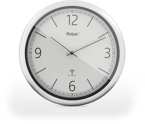 Mebus Funk-Wanduhr, 26 cm, lautlos, klares Design, silberner Rahmen, weißes Zifferblatt, Modell 19810 - Elegant und präzise, Weiß