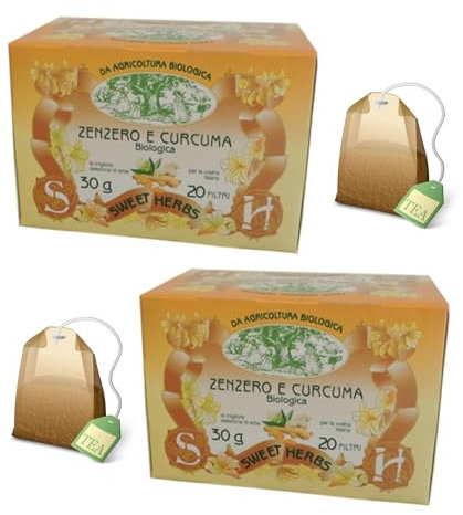 Sweet Herbs® | Tisana Zenzero Curcuma | Infuso Biologico Digestivo Zenzero Curcuma Limone - 2 x 20 Filtri in Singole Bustine (60 Gr)