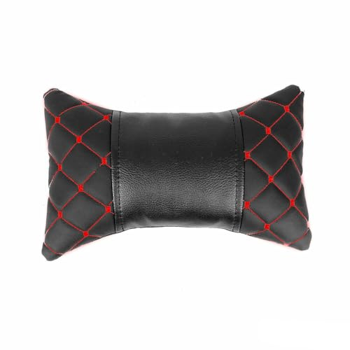 OMAC KFZ Auto Kopfstütze Kissen Autositzkissen Nackenkissen Leder 8x30c (Schwarz Rot)