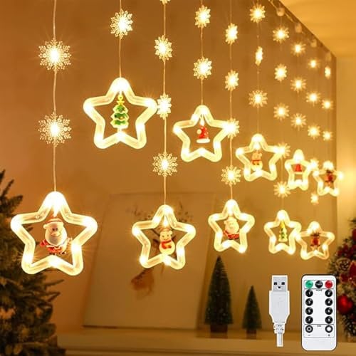 Arespark LED Luci di Natale, 3m Tenda Luminosa Catena Interno Esterno, 2,7m USB Cavo Luci Stringa con 5 Tipi Bambole Natalizie Decorazioni, per Vetrina Finestre Scala Feste Giardino