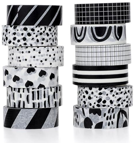 Juego de 12 rollos de cinta adhesiva Washi en blanco y negro, cuadrícula, patrón de amor, juego de cinta adhesiva decorativa negra y blanca, cinta adhesiva decorativa para álbumes de recortes, diario,