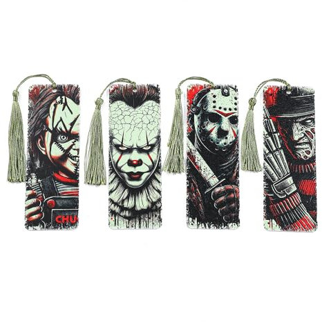 Lesezeichen mit Horror-Thema, Horror-Lesezeichen aus Acryl für Erwachsene, inklusive 4 Horror-Killer-Themen-Lesezeichen mit Quaste, Horrorfilm-Themen-Lesezeichen für Bücherwurm, 4 Stück