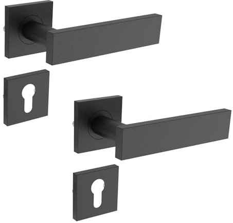 KARATINTL Türgriffe Schwarz mit quadratischen BB Rosetten,Türklinken Innentüren Schwarz,Türklinke Türgriff-Set Edelstahl,Schwarz matt für Zimmertüren DIN-Norm (Quadratische-PZ Profilzylinder)