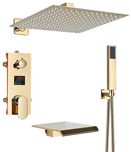 Duschsystem-Befestigung Gold, verdeckte Regenduschen-Wasserhahn-Sets, komplett mit Dusche und Handbrause und eingebetteter Box, Wasserfallauslauf, 8 Zoll