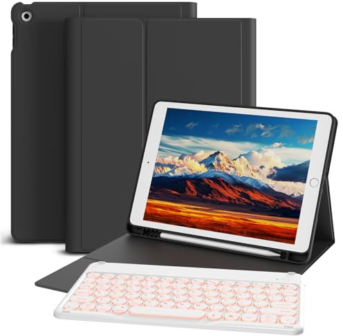 GKABXY Case with Keyboard for iPad 9th/8th/7th Generation (2021/2020/2019) 10.2 Inch with Pen Holder, Soft TPU Back, 7 Colors Backlit Detachable Wireless Bluetooth Round Key Keyboard, Black