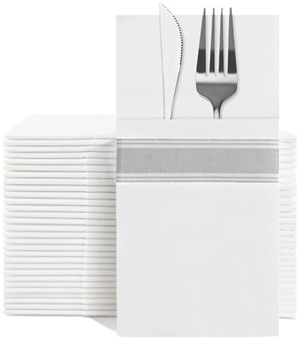 YIDUHAO Pocket Napkin,Disposble Cloth Like Napkins,Built-in Flatware Pocket,Decorative Wedding Napkins with Silver Stripe Print, Pre-Folded, Soft, Strong, Absorbent,Pack of 50