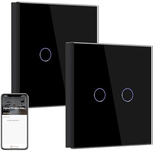 BSEED Smart ZigBee Interrupteur d'éclairage, Smart Interrupteur Mural Compatible avec Alexa et Google Home, Interrupteur Encastré 2 Gang 2 Voies Noir (Hub Requis) 2 Pièces