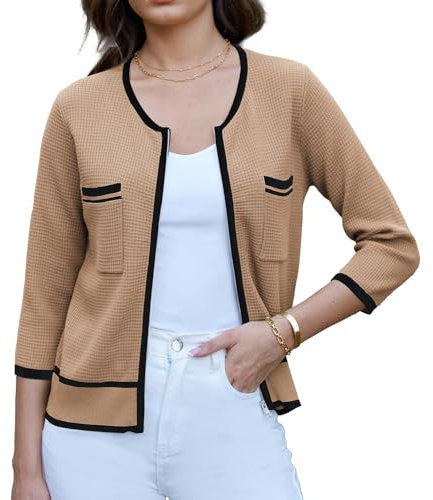 GRACE KARIN Damen Leicht Gestrickt Jacke Basic Reißverschluss Strickjacke Elegante Hochzeit Jacke für Kleid mit Tasche Dunkle Aprikose M