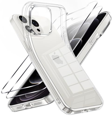 Viojrlra Coque pour iPhone 12 Pro avec 2 Pièces Verre Trempé, Transparente Anti-Jaunissement Souple TPU Silicone Étui, Antichoc Anti-Rayures Protection Case pour iPhone 12 Pro