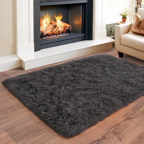 BSGIFT Teppich 60x110 Anthrazit Hochflor, Shaggy Langflor Flauschiger Teppich Läufer für Bettvorleger Schlafzimmer Wohnzimmer, Modern Kuschelteppich Langflor High-Pile Carpet rutschfest