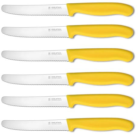targzier Tomato Knife,Set of 6,Stainless Steel Serrated Kitchen Knife Set,Sharp Classic Utility Knifes,Wavy Edge Tomato Knives&Table Knives,Yellow Plastic Handle Dinner Knifes,Kitchen Knives Set
