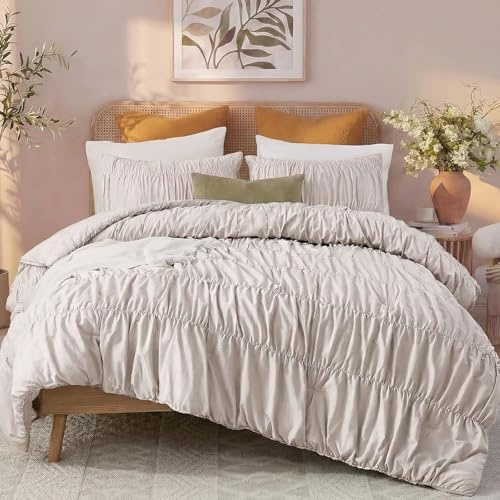 Bedbay Baumwoll-Rüschdecke für Queen-Size-Bett, atmungsaktive Baumwolle, Boho-Queen-Bettwäsche-Set, Shabby-Chic-Rüschen-Bettwäsche-Set, Vintage-Bauernhaus-Steppdecke, weich, langlebig, 3-teilig