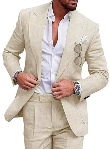 Costume 2 pièces en lin pour homme, bouton unique, couleur unie, veste et pantalon, convient pour mariage, garçon d'honneur, bal, retour à la maison, beige, XL