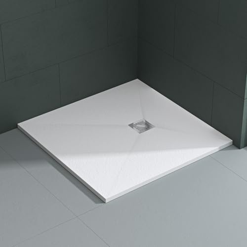 Mai & Mai Receveur de Douche 80x80x3cm Bac à Douche Blanc Mat en Résine Raccords DIN Carré Design Geo09 Avec Bonde