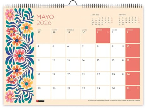 Miquelrius Wandkalender 2026, Jahresplaner A3, 420 x 296 mm, mit Notizfeld, Doppelspiralbindung, 12-Monatsplaner, Spanisch, Blumen