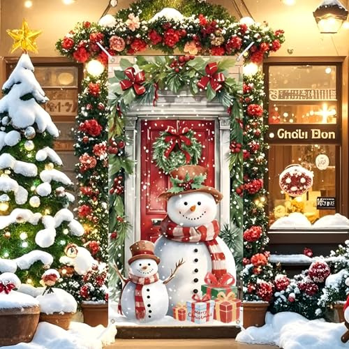 Christmas Door Cover Decoration Snowman, Xmas Door Hanging Covers Christmas Eve Background, 73 x 35.4inch Snowman Front Door Banner, Red Party Decorations Photo Booth for New Year Christmas Decoration