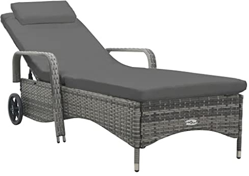 Sonnenliege mit Rollen, Verstellbarer Rückenlehne und 2 Rollen, Rattan-Chaiselounge-Sessel mit Stahlrahmen für Garten, Terrasse, Pool, Wetterbeständig, Bequeme Kissen, Einfache
