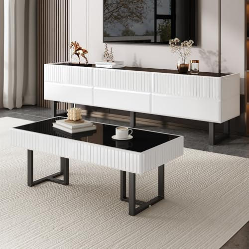 Lcoho Moderner klassischer Couchtisch in Schwarz-Weiß, Wohnzimmertisch, hochglänzende Schwarze Tischplatte.110 L x 50.5 B x 41 H(cm)