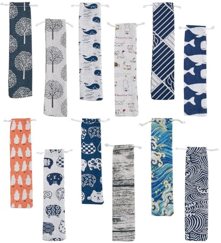 SUPERFINDINGS 12 Styles Straw Carrying Pouches Reusable Utensil Pouch Portable Cutlery Bag Cotton Linen Printed Mini Storage Drawstring Bag for Straws Chopsticks Fork Spoon, 25.5x5.8cm/10x2.3