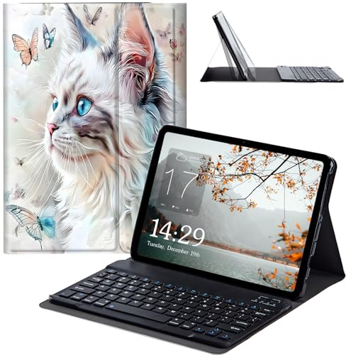 JANENFNA Fire HD 8 2022 Tablet-Hülle mit Tastatur, abnehmbare kabellose Bluetooth-Tastaturhülle für Kindle Fire HD 8 & 8 Plus Tablet (12/10. Generation, Version 2022/2020), Schmetterlingskatze