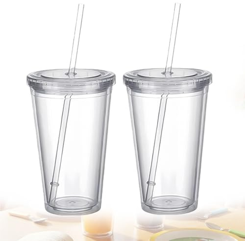 2 vasos de plástico duro de viaje con pajita y tapa, 450 ml, transparentes, vasos de plástico de doble pared, reutilizables, vasos transparentes para zumo de frutas, zumo de zumo de frutas, zumo de