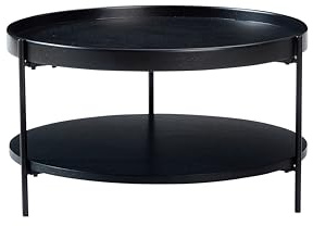 Modern 2-Tier Round Coffee Table, Nordic Style MDF with Real Wood Veneer Tray Center Table, Sturdy Metal Frame Coffee Table for Living Room (Black)