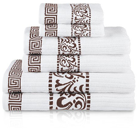 Baumwollhandtuch-Set, hochwertig, dekoratives griechisches Muster, für Zuhause, saugfähig, Badezimmer-Deko, Spa, Resort, 2 Hand-, 2 Gesichts- und 2 Badetücher, Athen-Kollektion, 6-teilig, Schokobraun