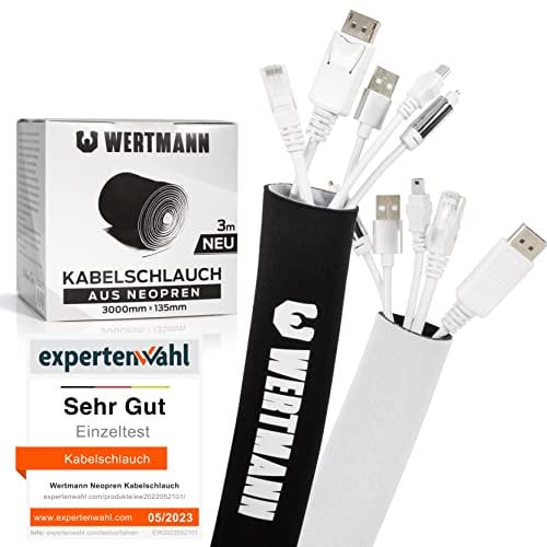 Wertmann Neopren Kabelschlauch [3m] für TV oder PC Kabelmanagement Schreibtisch - Einstellbarer Durchmesser - als Flexibler Kabelkanal Schreibtisch oder als Kabelschutz Katze in schwarz oder weiß