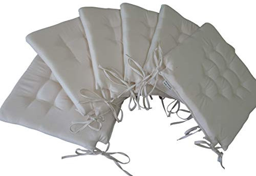 Set mit 6 Kissen mit Schleife Hochwertiges Stuhlkissen aus Korbgeflecht/Rattan aus Baumwolle Sitz 43 x 42 x 4 cm, 6er-Pack Multipack (Ecru)