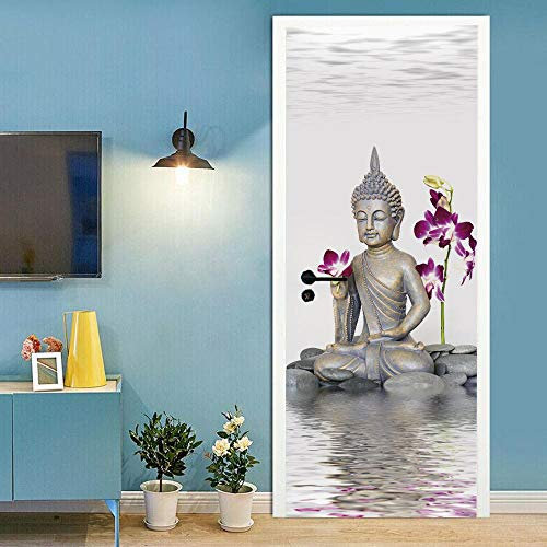 Stickers Porte Trompe l'oeil Effet 3D 83x204cm Poster de Porte Papier Peint Porte Muraux Intérieure par Autocollants Imperméable Amovible Salon Chambre Salle De Bain Cuisine, Statue de Bouddha & Zen