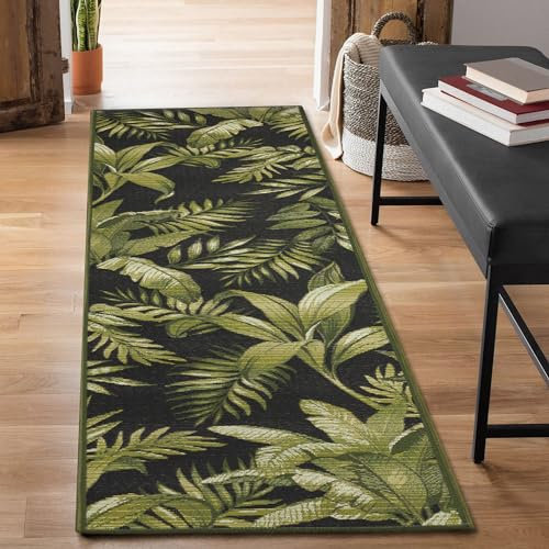 Liora Manne Marina Indoor-Outdoor-Teppich – Blumen- und Safari-Designs, bequem und langlebig, kraftgewebt, Polypropylen-Material, UV-stabilisiert, Dschungelblätter, schwarz, 40 x 200 cm