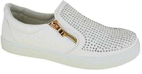 Womens Flat Slip ON Studded Zip Fashion Sport Shoes Ladies Trainers Size 3-8 White
