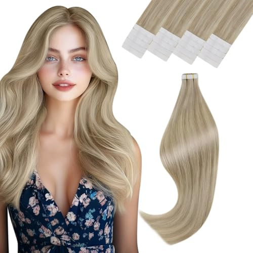 Vivien Tape in Extensions Echthaar Blond 40cm Menschliches Haar Tape in Hair Extensions Echthaar Highlight Blond 20 Stücke 50g