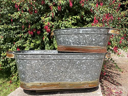 Set of 2 Galvanised Zinc Large Metal Planters | Troughs Outdoor Garden Flower Pots