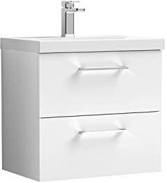 nuie ARN124D Arno Modern Bathroom Wall Hung 2 Drawer Vanity Unit with Thin-Edge Ceramic Basin, 600mm, Gloss White