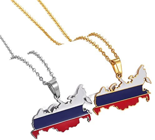 YZyizhen Russland Karte Flagge Anhänger Halskette – Land Umriss Charme Dünne Kette Zierlicher Patriotischer Schmuck, Russischer Ethnischer Stil Hip-Hop Damen Herren Mädchen Unisex Geschenke, 2 Stück,