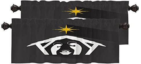 BaoNews Gelber Weihnachtsstern-Küchenvolant für Fenster, weiße Cartoon-Geburt Jesus, Verdunkelungsvorhänge, mehrschichtig, Polyester-Vorhänge für Küche, Schlafzimmer, 2 Stück, 132 x 40 cm