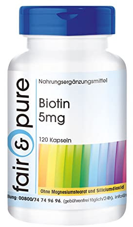 Fair & Pure® - Biotine 5mg - avec 5000mcg de biotine par gélule - hautement dosé - 120 gélules végétaliennes - fabrication de qualité allemande