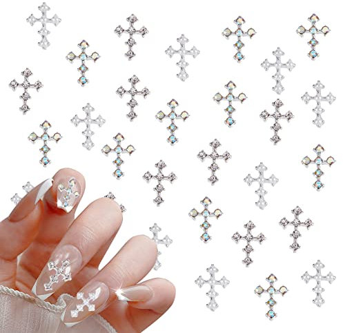 NICENEEDED 30Pcs Cross Nail Art Charms, Silver Pearl Nail Rhinestones, 3D Mini Nail Jewelry Antique Style Nail Art Accessories for Women Girls Design DIY