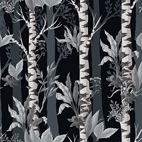 VEELIKE Tapete Baum Birke Blumentapete Vintage Tropische Blätter Klebefolie Blumen Schwarz Mustertapete Möbelfolie Muster Tapeten Kinderzimmer Dschungel Fototapete Schlafzimmer Flur 44.5cm×300cm