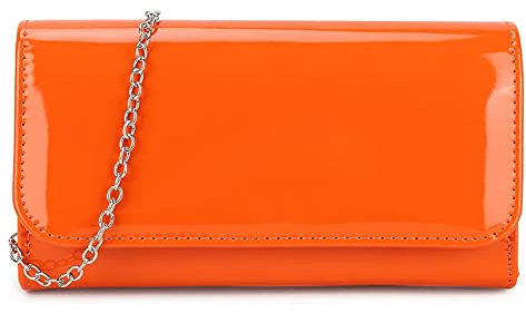 fi9® Pochette da donna in tinta unita, in vernice per matrimoni, feste, balli e serate, Arancione, medium