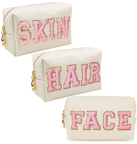 Reise Kosmetiktasche Klein, Preppy Kosmetiktasche PU Leder Toiletry Bag mit Reißverschluss, Wasserdicht Kosmetik Organizer Tasche für Damen Face Hair Skin Makeup Tasche 3 Stück