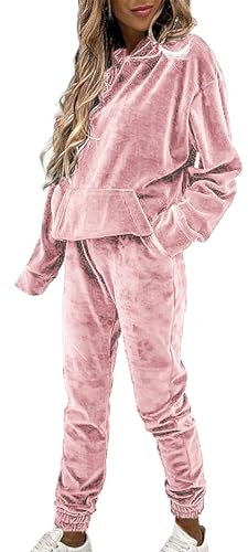 amropi Survêtement Femme Ensemble en Velours Sweat à Capuche et Pantalon Jogging Rose, S